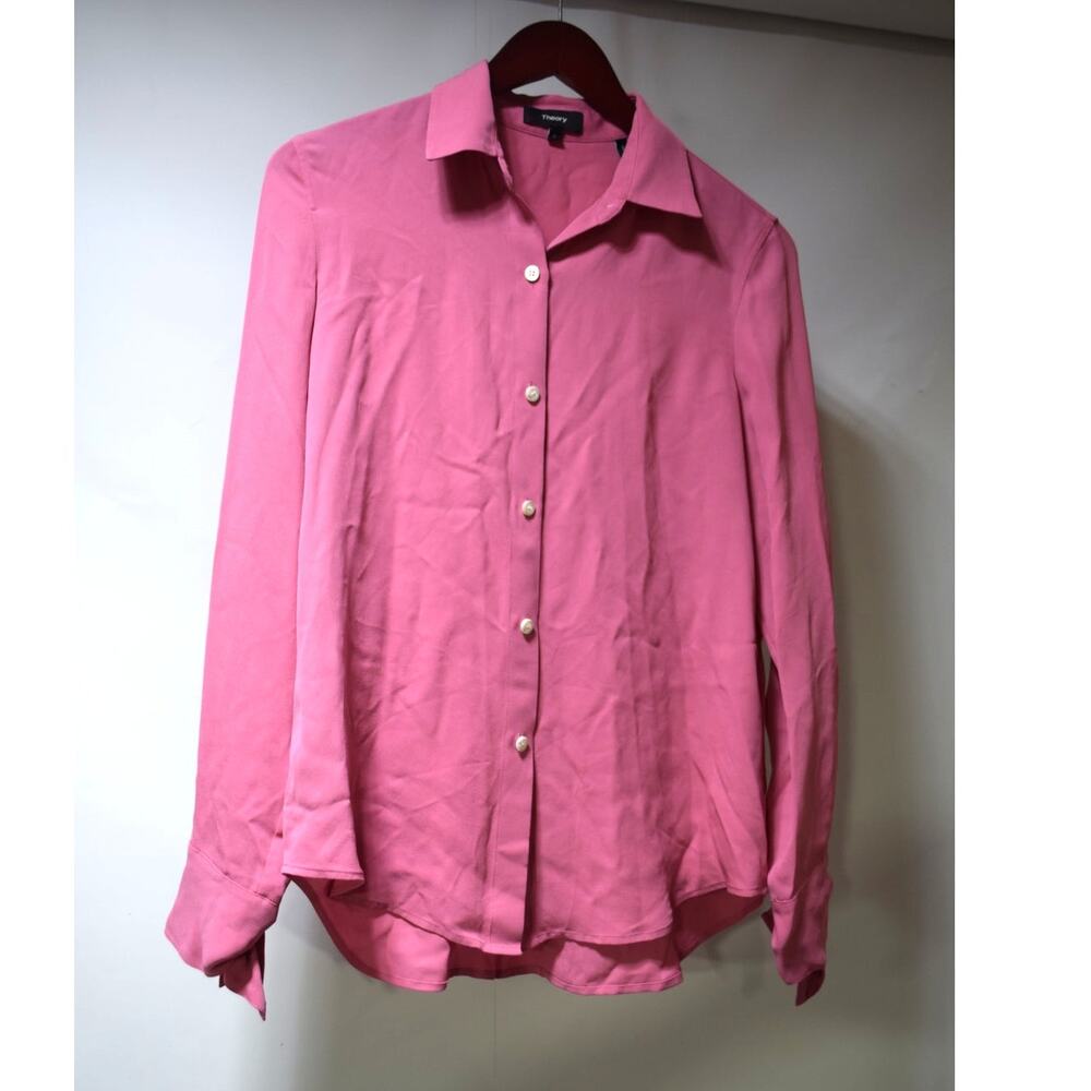Theory Pink Silk Button Front Blouse Size Small Tie Cuff Long Sleeve Shirt